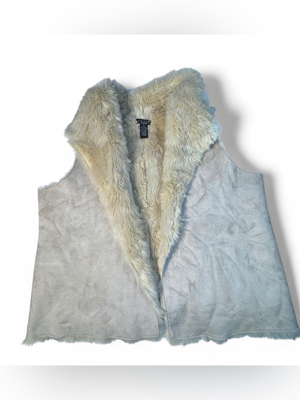 Cream Faux Leather Vegan Suede Fur Vest XL Boho Western Chic Cabin Y2K
